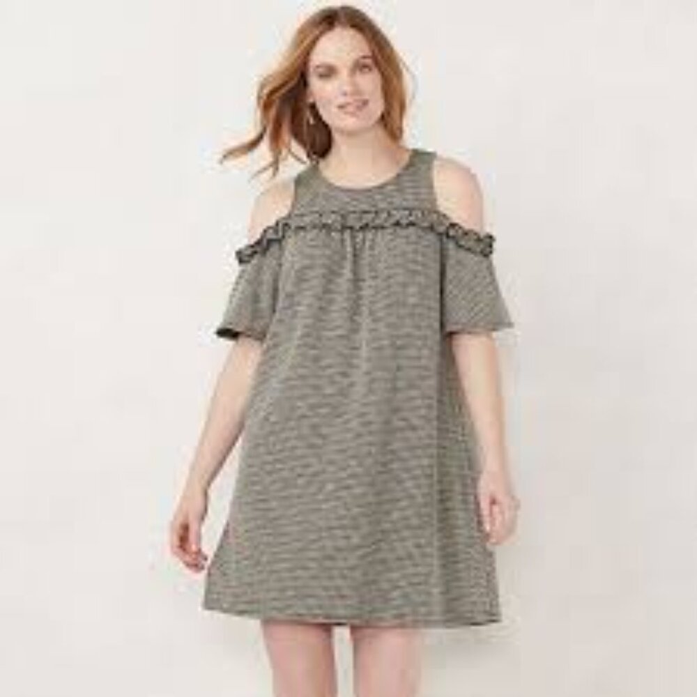LC Lauren Conrad Gray Gingham Cold Shoulder Midi Dress - Size Large